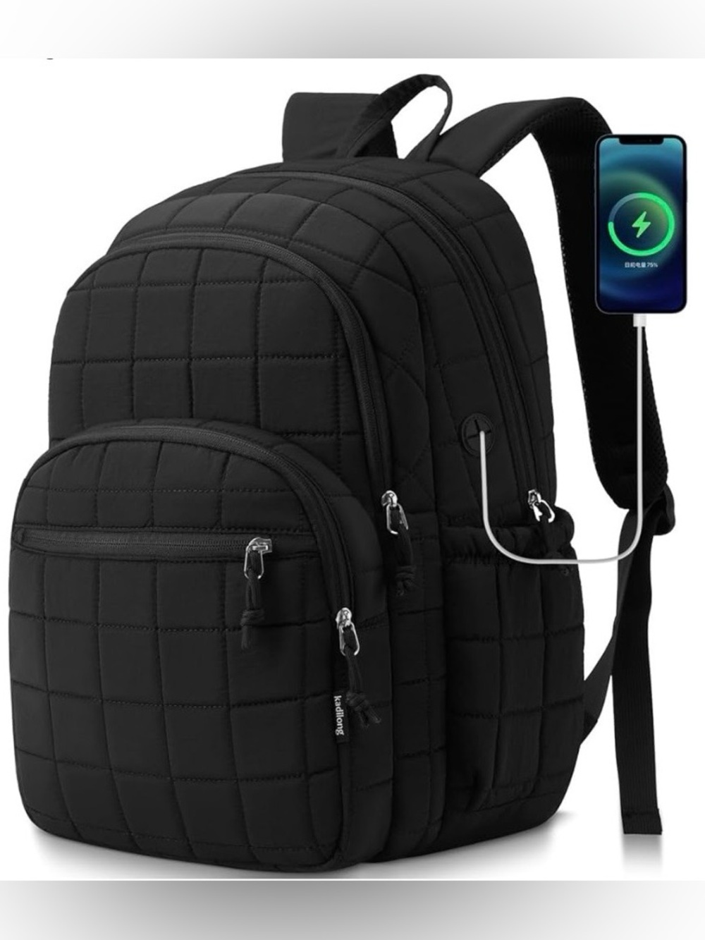 kadilong Laptop Book bag Backpack‎ for College or Travel, Black Quilt, USB Ready